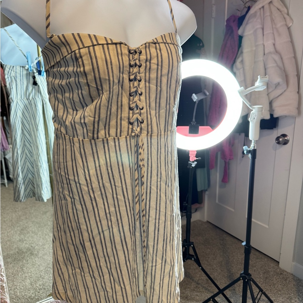 Forever 21 Beige and Black Striped Mini Dress
